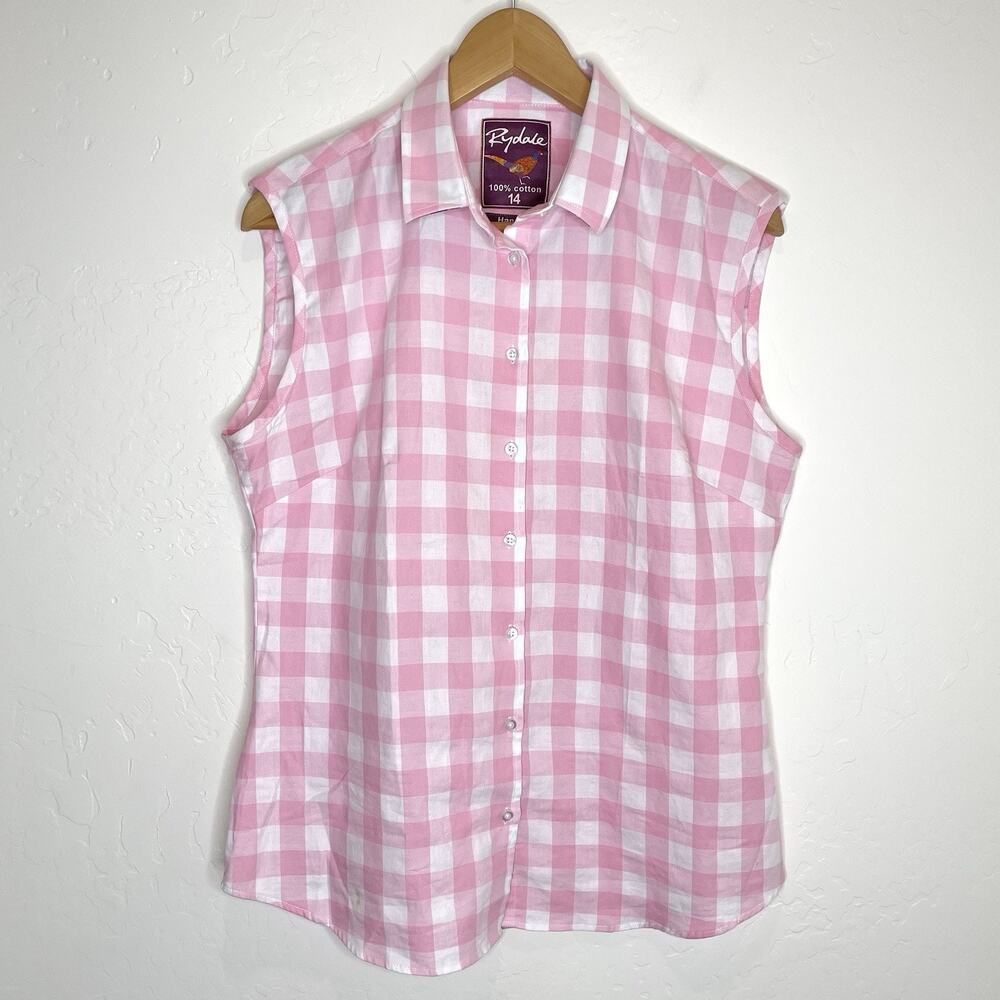Rydale Hannah Sleeveless Button Up Top Pink White Plaid Womens 14 Tank
